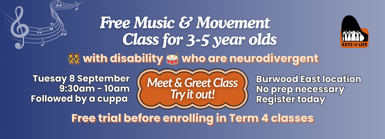 A banner promoting the new free Music and Movement class for 3-5 year olds
